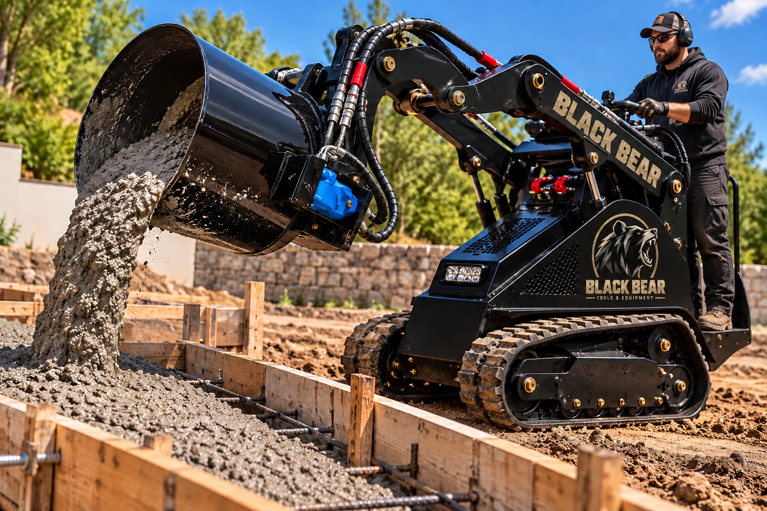 The Bear compact tracked loader with Black Bear branding and a rear-platform operator pouring concrete